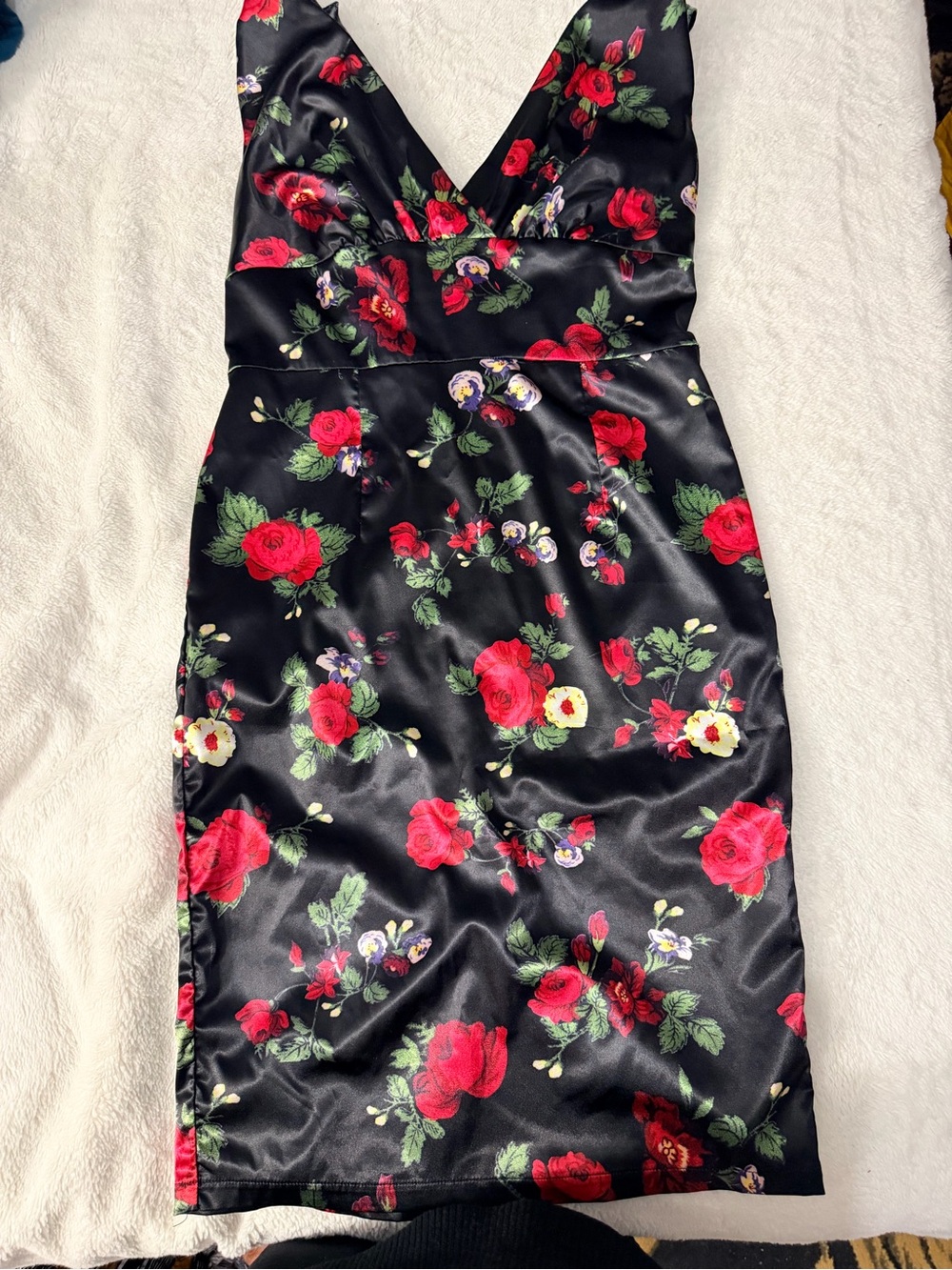 Black Satin Midi Dress with Red Rose Print